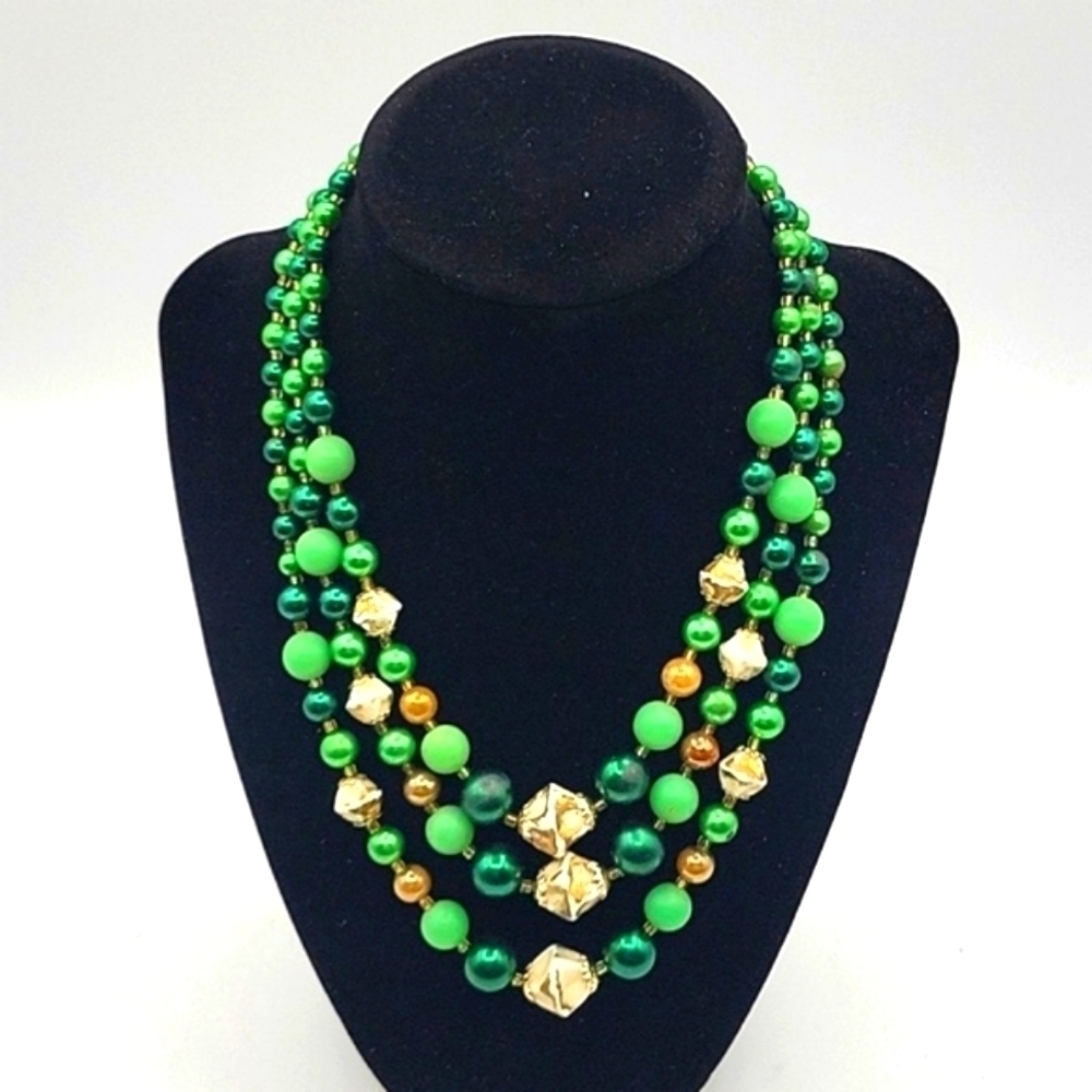 JAPAN Signed Triple Stand Vintage Beaded Necklace Green Bronze White Beads